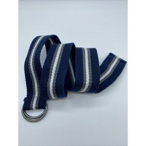 Blue Gray White Striped Cotton Woven D Ring Belt Men's Size 28 End to End 33"
